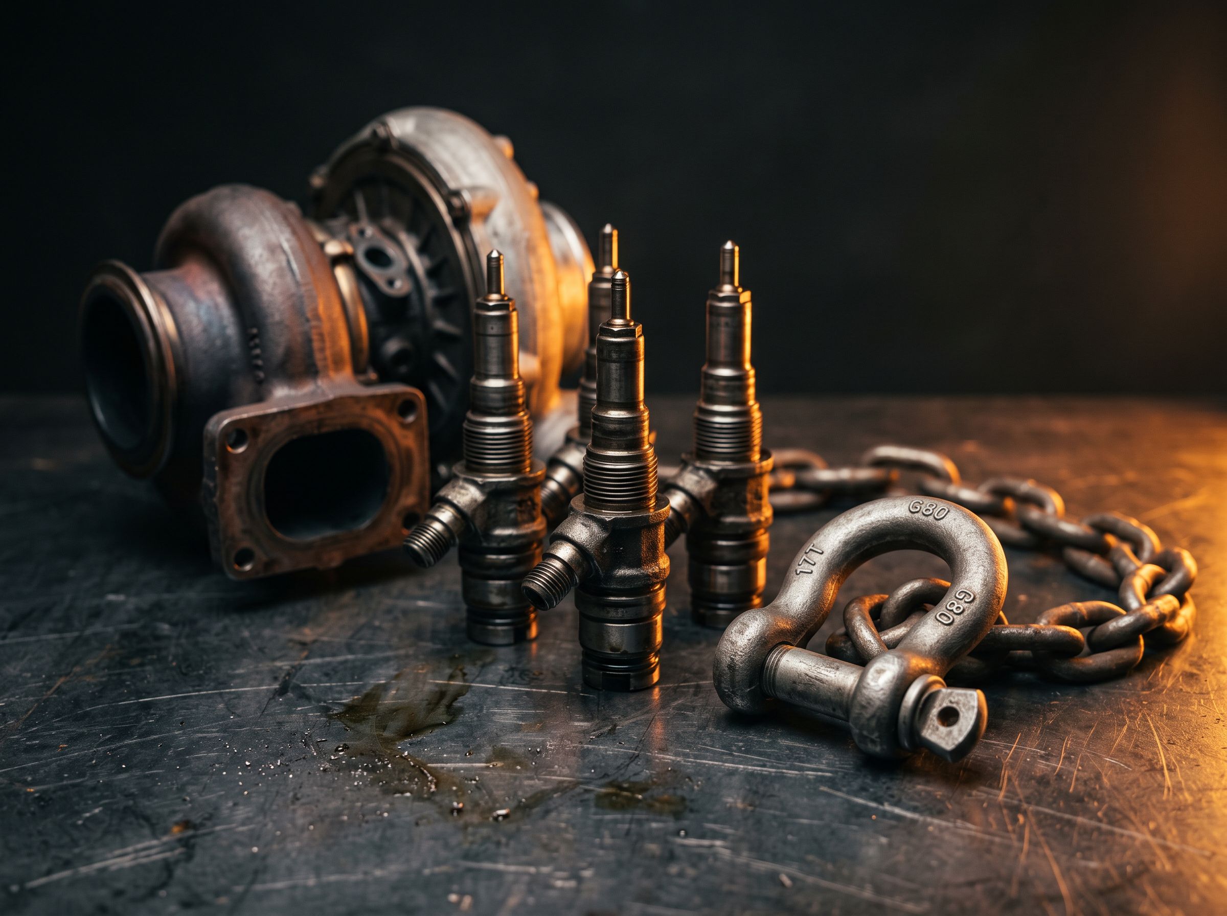 Macro close-up of a diesel turbocharger, fuel injectors, and a steel tow shackle and chain