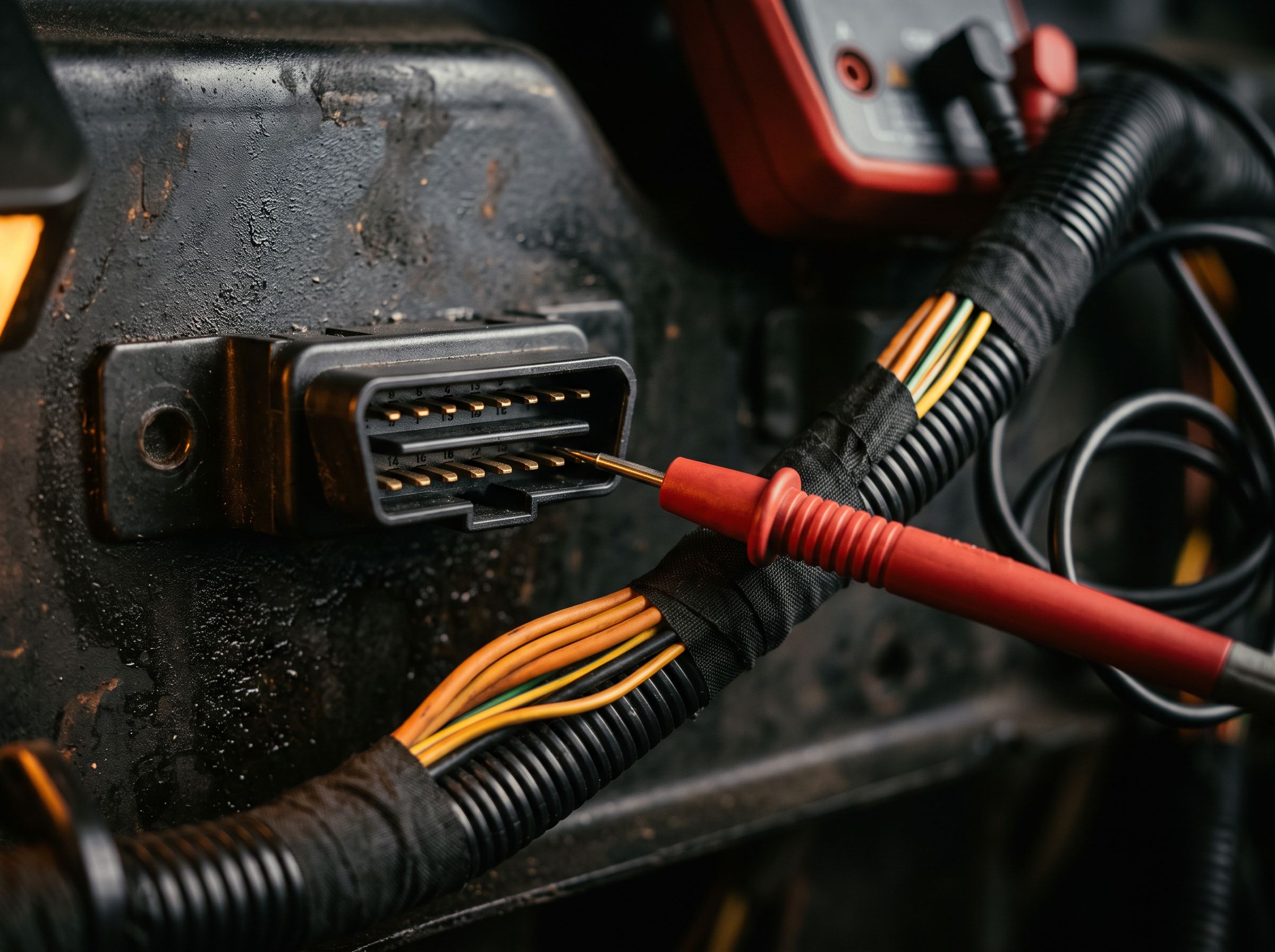 Test probe on a diagnostic connector with a wiring harness and multimeter