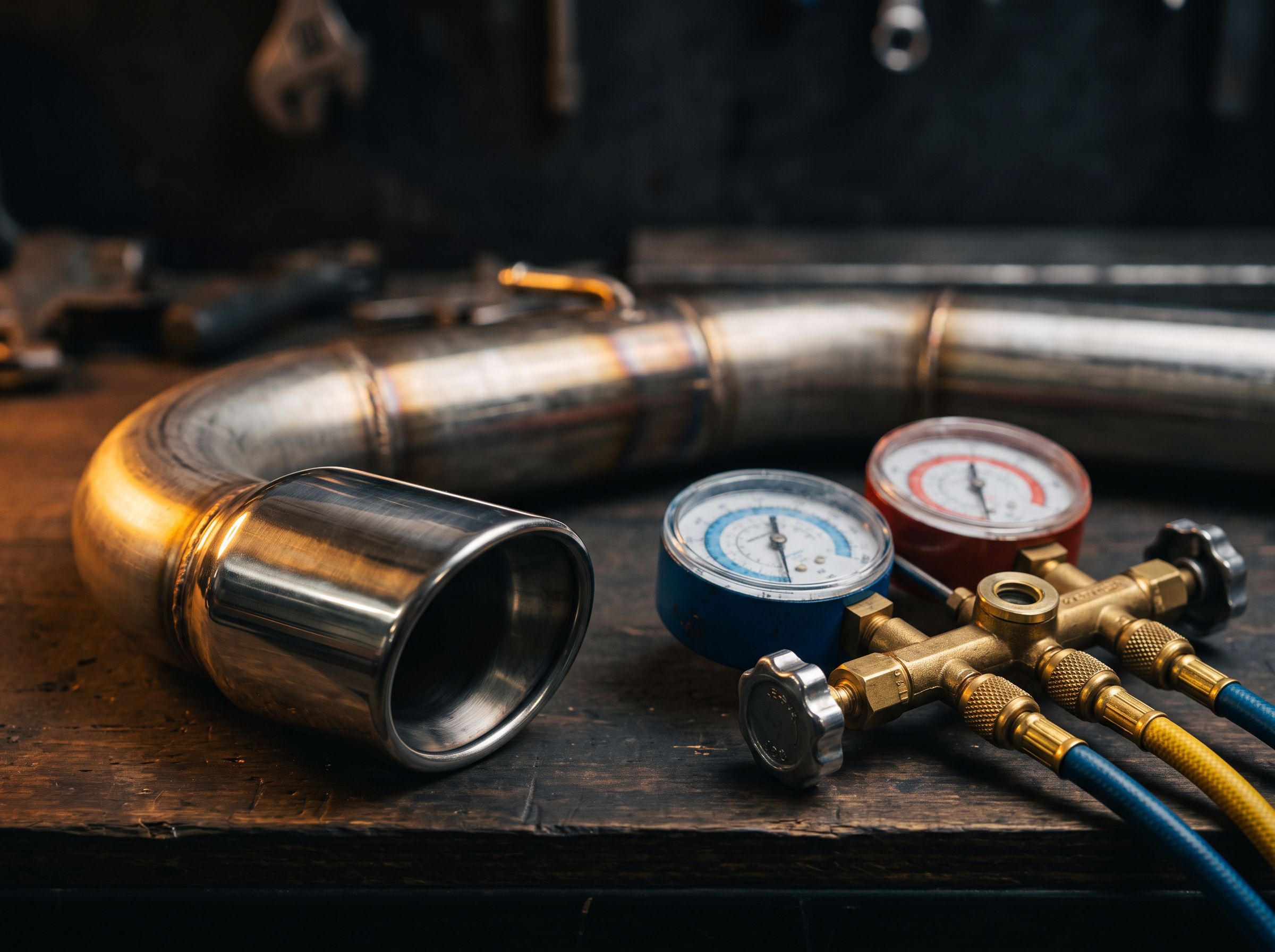 Polished exhaust pipe and tip beside AC manifold gauges on a workbench