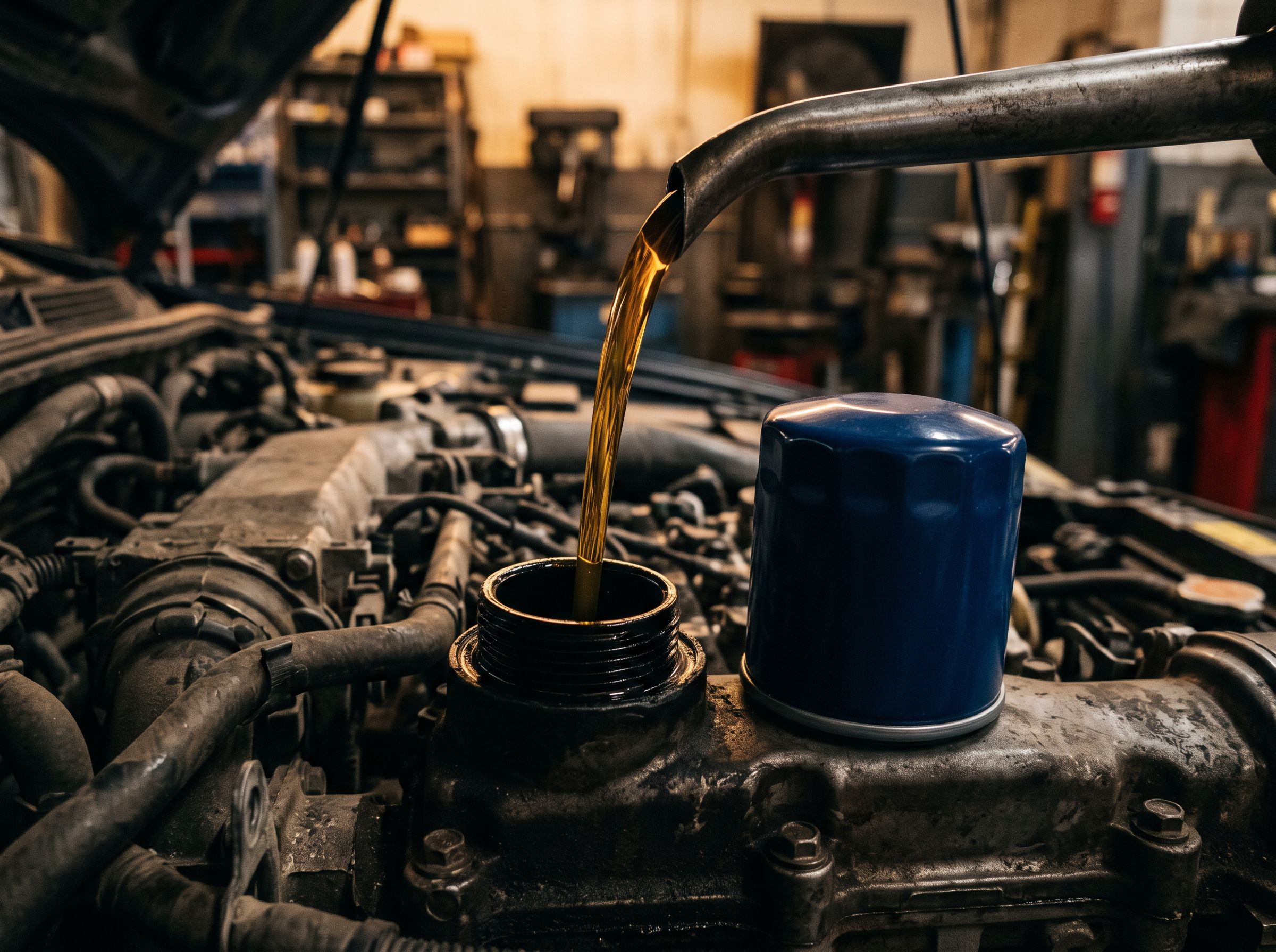 Fresh oil pouring into an engine filler neck beside a plain oil filter