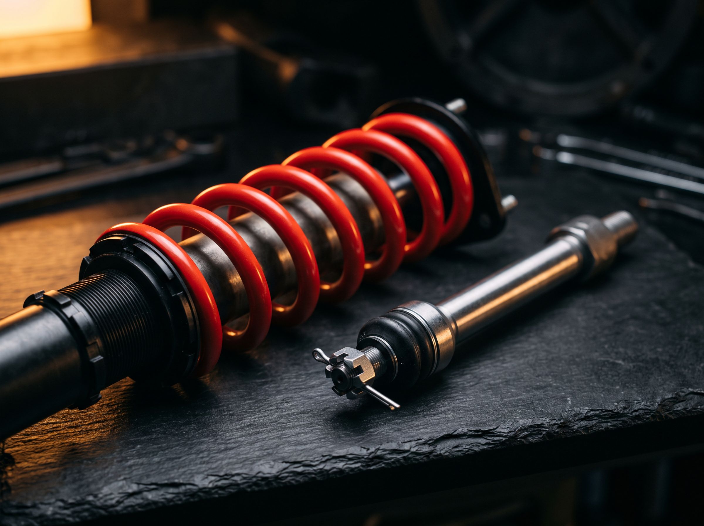 Macro close-up of a coilover shock with a red spring beside a tie rod end