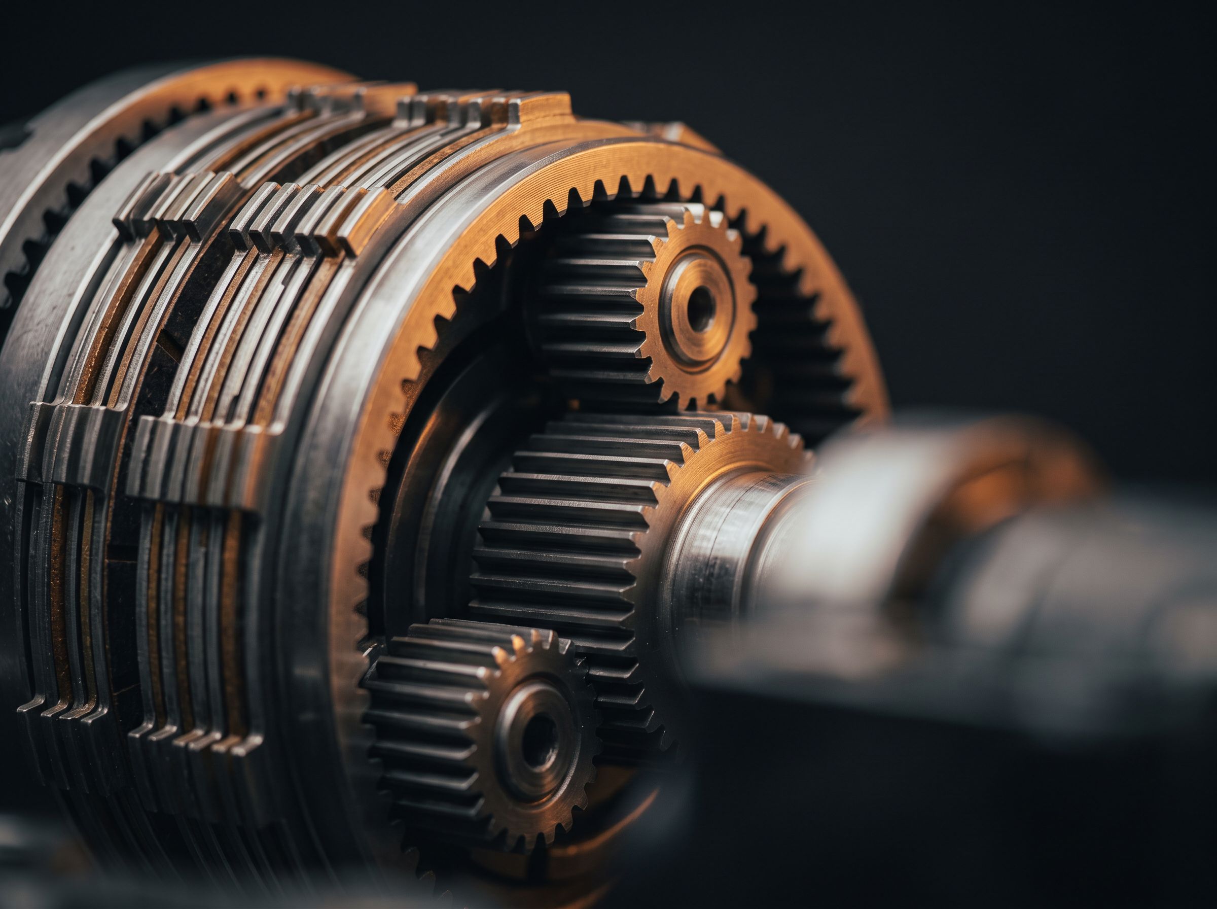 Macro close-up of a transmission planetary gearset and clutch plates